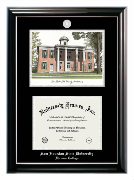 Sam Houston State University Honors College Double Opening with Campus Image (Stacked) Frame in Classic Ebony with Silver Trim with Black & Silver Mats for document: 8 1/2"h x 11"w  