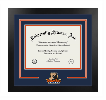 Morgan State University Logo Mat Frame in Manhattan Black with Navy Blue & Orange Mats for document: 8 1/2"h x 11"w  