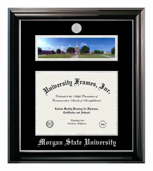 Morgan State University Double Opening with Campus Image (Stacked) Frame in Classic Ebony with Silver Trim with Black & Silver Mats for document: 8 1/2"h x 11"w  