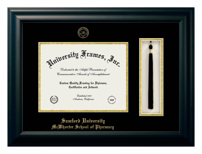 Samford University McWhorter School of Pharmacy Diploma with Tassel Box Frame in Satin Black with Black & Gold Mats for DOCUMENT: 8 1/2"H X 11"W  