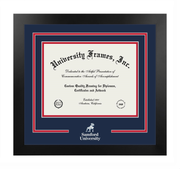 Samford University McWhorter School of Pharmacy Logo Mat Frame in Manhattan Black with Navy Blue & Red Mats for document: 8 1/2"h x 11"w  