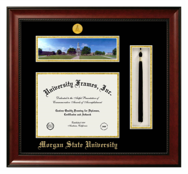 Morgan State University Double Opening with Campus Image & Tassel Box (Stacked) Frame in Avalon Mahogany with Black & Gold Mats for document: 8 1/2"h x 11"w  
