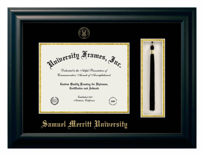 Samuel Merritt University Diploma with Tassel Box Frame in Satin Black with Black & Gold Mats for document: 8 1/2"h x 11"w  