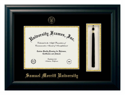 Samuel Merritt University Diploma with Tassel Box Frame in Satin Black with Black & Gold Mats for DOCUMENT: 8 1/2"H X 11"W  