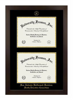 San Antonio Uniformed Services Health Education Consortium Double Degree (Stacked) Frame in Manhattan Espresso with Black & Gold Mats for document: 8 1/2"h x 11"w  , document: 8 1/2"h x 11"w  