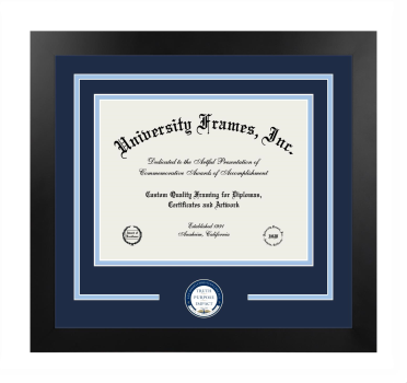 San Diego Christian College Logo Mat Frame in Manhattan Black with Navy Blue & Light Blue Mats for DOCUMENT: 8 1/2"H X 11"W  