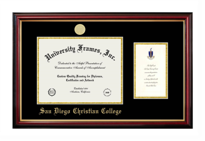 San Diego Christian College Diploma with Announcement Frame in Petite Mahogany with Gold Trim with Black & Gold Mats for document: 8 1/2"h x 11"w  , diploma: 7"h x 4"w  