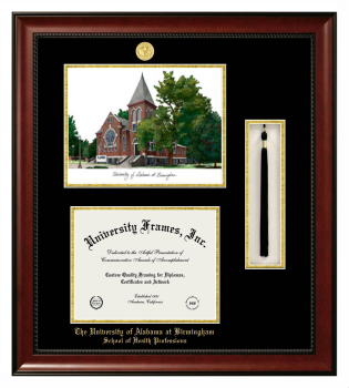 University of Alabama at Birmingham School of Health Professions Double Opening with Campus Image & Tassel Box (Stacked) Frame in Avalon Mahogany with Black & Gold Mats for document: 8 1/2"h x 11"w  
