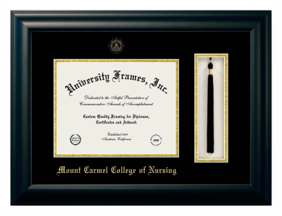 Mount Carmel College of Nursing Diploma with Tassel Box Frame in Satin Black with Black & Gold Mats for document: 8 1/2"h x 11"w  