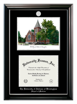University of Alabama at Birmingham School of Medicine Double Opening with Campus Image (Stacked) Frame in Classic Ebony with Silver Trim with Black & Silver Mats for document: 8 1/2"h x 11"w  