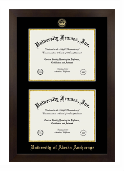 University of Alaska Anchorage Double Degree (Stacked) Frame in Manhattan Espresso with Black & Gold Mats for document: 8 1/2"h x 11"w  , document: 8 1/2"h x 11"w  