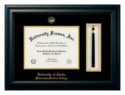University of Alaska Matanuska-Susitna College Diploma with Tassel Box Frame in Satin Black with Black & Gold Mats for DOCUMENT: 8 1/2"H X 11"W  