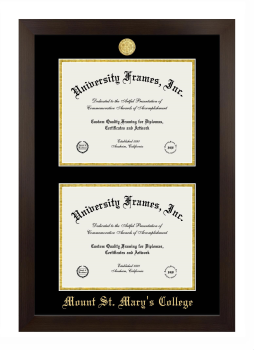 Mount St. Mary's College (California) Double Degree (Stacked) Frame in Manhattan Espresso with Black & Gold Mats for document: 8 1/2"h x 11"w  , document: 8 1/2"h x 11"w  