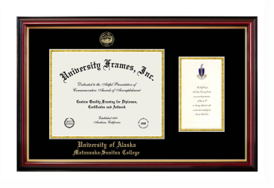 University of Alaska Matanuska-Susitna College Diploma with Announcement Frame in Petite Mahogany with Gold Trim with Black & Gold Mats for document: 8 1/2"h x 11"w  , diploma: 7"h x 4"w  