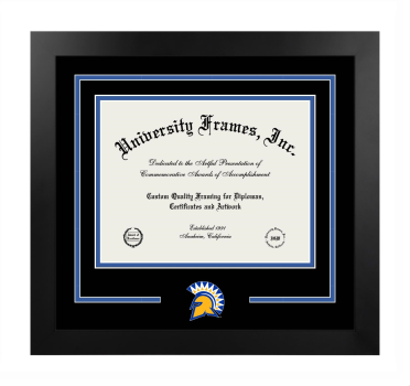 San Jose State University College of Humanities & the Arts Logo Mat Frame in Manhattan Black with Black & Royal Blue Mats for document: 8 1/2"h x 11"w  
