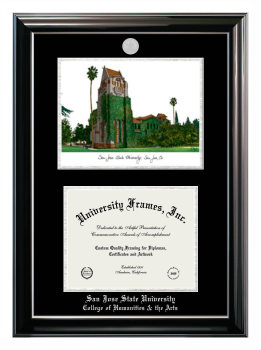 San Jose State University College of Humanities & the Arts Double Opening with Campus Image (Stacked) Frame in Classic Ebony with Silver Trim with Black & Silver Mats for document: 8 1/2"h x 11"w  