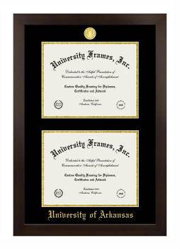 University of Arkansas (Fayetteville) Double Degree (Stacked) Frame in Manhattan Espresso with Black & Gold Mats for document: 8 1/2"h x 11"w  , document: 8 1/2"h x 11"w  