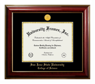 San Jose State University College of Science Diploma Frame in Classic Mahogany with Gold Trim with Black & Gold Mats for document: 8 1/2"h x 11"w  