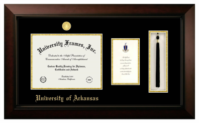 University of Arkansas (Fayetteville) Diploma with Announcement & Tassel Box Frame in Legacy Black Cherry with Black & Gold Mats for  8 1/2"h x 11"w  , diploma: 7"h x 4"w  