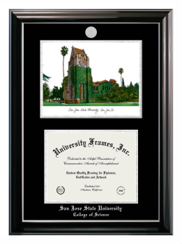San Jose State University College of Science Double Opening with Campus Image (Stacked) Frame in Classic Ebony with Silver Trim with Black & Silver Mats for document: 8 1/2"h x 11"w  