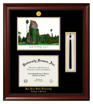 San Jose State University College of Science Double Opening with Campus Image & Tassel Box (Stacked) Frame in Avalon Mahogany with Black & Gold Mats for document: 8 1/2"h x 11"w  