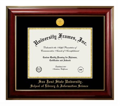 San Jose State University School of Library & Information Science Diploma Frame in Classic Mahogany with Gold Trim with Black & Gold Mats for DOCUMENT: 8 1/2"H X 11"W  