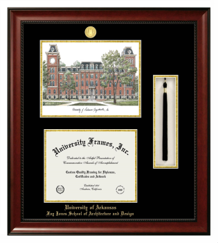 University of Arkansas (Fayetteville) Fay Jones School of Architecture and Design Double Opening with Campus Image & Tassel Box (Stacked) Frame in Avalon Mahogany with Black & Gold Mats for document: 8 1/2"h x 11"w  