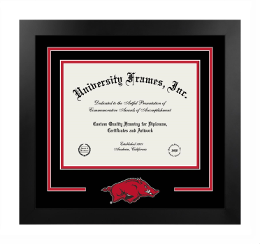 University of Arkansas (Fayetteville) Global Campus Logo Mat Frame in Manhattan Black with Black & Red Mats for document: 8 1/2"h x 11"w  