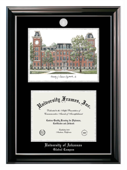 University of Arkansas (Fayetteville) Global Campus Double Opening with Campus Image (Stacked) Frame in Classic Ebony with Silver Trim with Black & Silver Mats for document: 8 1/2"h x 11"w  