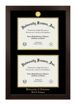 University of Arkansas (Fayetteville) Global Campus Double Degree (Stacked) Frame in Manhattan Espresso with Black & Gold Mats for document: 8 1/2"h x 11"w  , document: 8 1/2"h x 11"w  