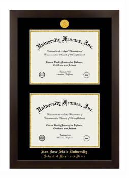 San Jose State University School of Music and Dance Double Degree (Stacked) Frame in Manhattan Espresso with Black & Gold Mats for document: 8 1/2"h x 11"w  , document: 8 1/2"h x 11"w  