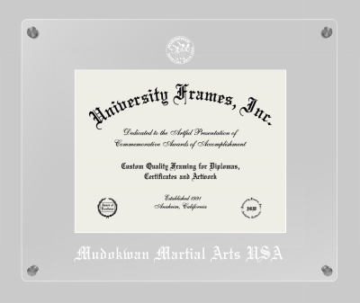 Mudokwan Martial Arts USA Lucent Clear-over-Clear Frame in Lucent Clear Moulding with Lucent Clear Mat for document: 8 1/2"h x 11"w  