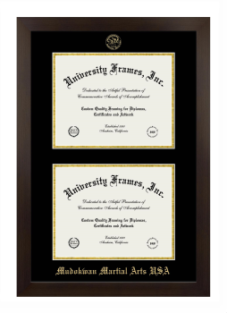 Mudokwan Martial Arts USA Double Degree (Stacked) Frame in Manhattan Espresso with Black & Gold Mats for document: 8 1/2"h x 11"w  , document: 8 1/2"h x 11"w  