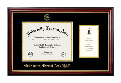 Mudokwan Martial Arts USA Diploma with Announcement Frame in Petite Mahogany with Gold Trim with Black & Gold Mats for document: 8 1/2"h x 11"w  , diploma: 7"h x 4"w  