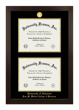 University of Arkansas (Fayetteville) Sam M. Walton College of Business Double Degree (Stacked) Frame in Manhattan Espresso with Black & Gold Mats for document: 8 1/2"h x 11"w  , document: 8 1/2"h x 11"w  
