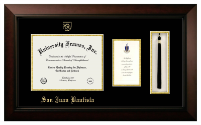 San Juan Bautista Diploma with Announcement & Tassel Box Frame in Legacy Black Cherry with Black & Gold Mats for document: 8 1/2"h x 11"w  , diploma: 7"h x 4"w  