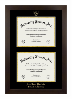 San Juan Bautista School of Medicine Double Degree (Stacked) Frame in Manhattan Espresso with Black & Gold Mats for document: 8 1/2"h x 11"w  , document: 8 1/2"h x 11"w  