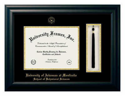 University of Arkansas at Monticello School of Behavioral Sciences Diploma with Tassel Box Frame in Satin Black with Black & Gold Mats for DOCUMENT: 8 1/2"H X 11"W  