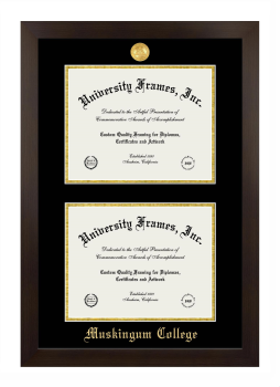 Muskingum College Double Degree (Stacked) Frame in Manhattan Espresso with Black & Gold Mats for document: 8 1/2"h x 11"w  , document: 8 1/2"h x 11"w  
