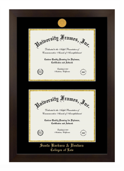 Santa Barbara & Ventura Colleges of Law Double Degree (Stacked) Frame in Manhattan Espresso with Black & Gold Mats for document: 8 1/2"h x 11"w  , document: 8 1/2"h x 11"w  