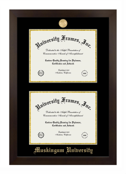 Muskingum University Double Degree (Stacked) Frame in Manhattan Espresso with Black & Gold Mats for document: 8 1/2"h x 11"w  , document: 8 1/2"h x 11"w  