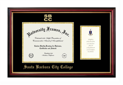 Santa Barbara City College Diploma with Announcement Frame in Petite Mahogany with Gold Trim with Black & Gold Mats for document: 8 1/2"h x 11"w  , diploma: 7"h x 4"w  