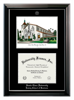 Santa Clara University Leavey School of Business Double Opening with Campus Image (Stacked) Frame in Classic Ebony with Silver Trim with Black & Silver Mats for document: 8 1/2"h x 11"w  