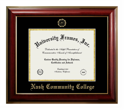 Nash Community College Diploma Frame in Classic Mahogany with Gold Trim with Black & Gold Mats for document: 8 1/2"h x 11"w  