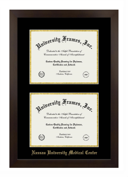 Nassau University Medical Center Double Degree (Stacked) Frame in Manhattan Espresso with Black & Gold Mats for document: 8 1/2"h x 11"w  , document: 8 1/2"h x 11"w  