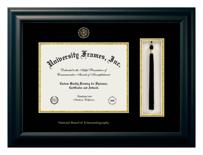 National Board of Echocardiography Diploma with Tassel Box Frame in Satin Black with Black & Gold Mats for DOCUMENT: 8 1/2"H X 11"W  