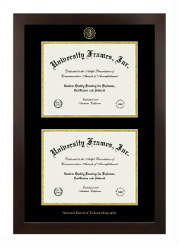 National Board of Echocardiography Double Degree (Stacked) Frame in Manhattan Espresso with Black & Gold Mats for DOCUMENT: 8 1/2"H X 11"W  , DOCUMENT: 8 1/2"H X 11"W  