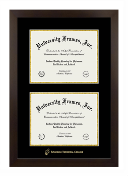 Savannah Technical College Double Degree (Stacked) Frame in Manhattan Espresso with Black & Gold Mats for document: 8 1/2"h x 11"w  , document: 8 1/2"h x 11"w  