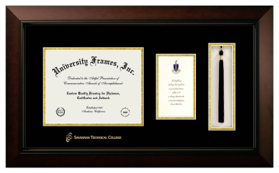 Savannah Technical College Diploma with Announcement & Tassel Box Frame in Legacy Black Cherry with Black & Gold Mats for document: 8 1/2"h x 11"w  , diploma: 7"h x 4"w  