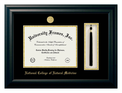 National College of Natural Medicine Diploma with Tassel Box Frame in Satin Black with Black & Gold Mats for DOCUMENT: 8 1/2"H X 11"W  